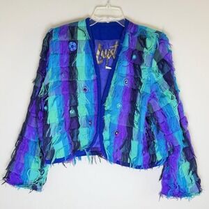 VTG Crystal Blazer Sz M Purple Blue Hand Woven Art-To-Wear Boho Unique Rare